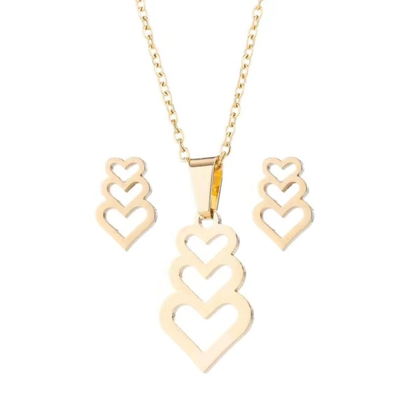 Dainty Gold Heart Earrings and Necklace Jewelry Set Minimalist 2 Pc Stud - Picture 2 of 5
